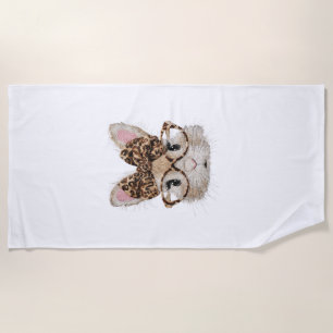 Cute Bunny Rabbit Face Leopard Coquette Bow Glasse Beach Towel