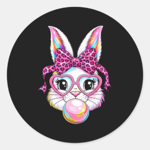 Cute bunny rabbit face leopard coquette bow glasse classic round sticker