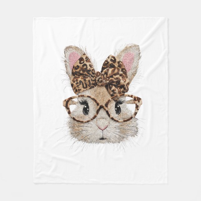 Cute Bunny Rabbit Face Leopard Coquette Bow Glasse Fleece Blanket (Front)