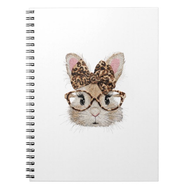 Cute Bunny Rabbit Face Leopard Coquette Bow Glasse Notebook (Front)