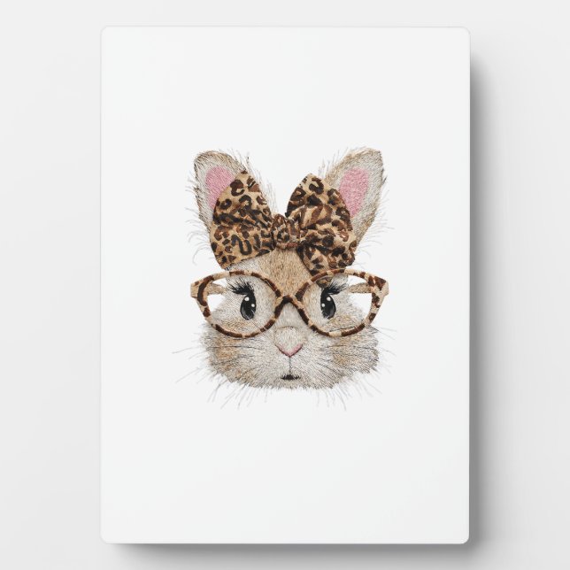 Cute Bunny Rabbit Face Leopard Coquette Bow Glasse Plaque (Front)