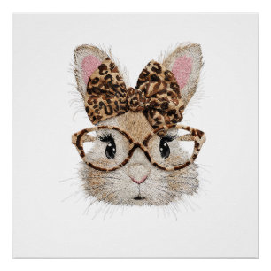 Cute Bunny Rabbit Face Leopard Coquette Bow Glasse Poster