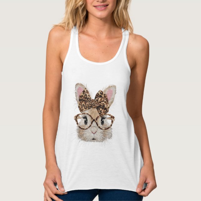 Cute Bunny Rabbit Face Leopard Coquette Bow Glasse Singlet (Front)