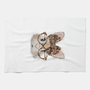 Cute Bunny Rabbit Face Leopard Coquette Bow Glasse Tea Towel