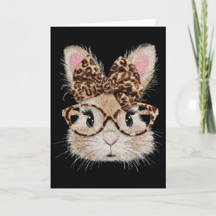 Cute Bunny Rabbit Face Leopard Coquette Bow Gles E Card