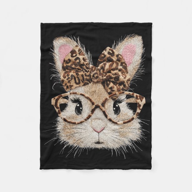 Cute Bunny Rabbit Face Leopard Coquette Bow Gles E Fleece Blanket (Front)