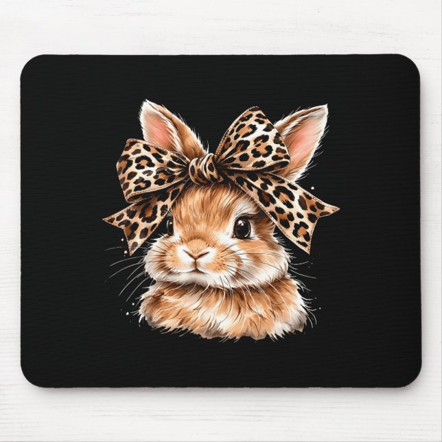 Cute Bunny Rabbit Face Leopard Coquette Bow Happy Mouse Pad (Front)