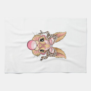 Cute Bunny Rabbit Face Leopard Glasses Girl Happy  Tea Towel