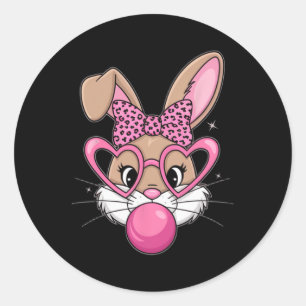 Cute Bunny Rabbit Face Leopard Gles Girl Happy Eas Classic Round Sticker