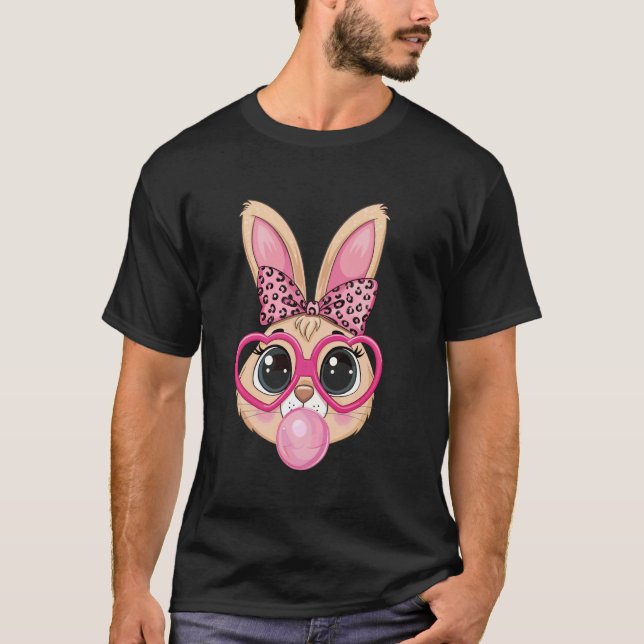 Cute Bunny Rabbit Face Pink Glasses Leopard Bow Ea T-Shirt (Front)