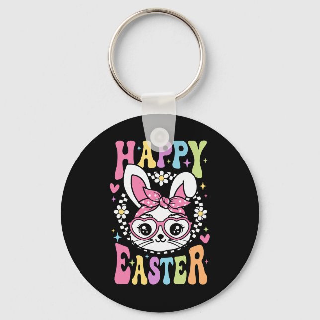 Cute Bunny Rabbit Face Retro Happy Easter Day Wome Key Ring (Front)