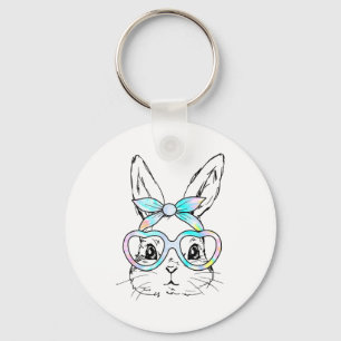 Cute Bunny Rabbit Face Tie Dye Glasses Girl Happy Key Ring