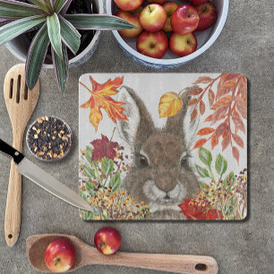 Cute Bunny Rabbit Fall Autumn Leaves Rustic Cutting Board