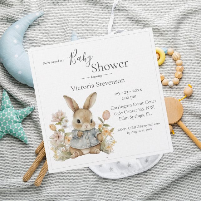 Cute Bunny Rabbit Floral Baby Shower Invitation (Creator Uploaded)