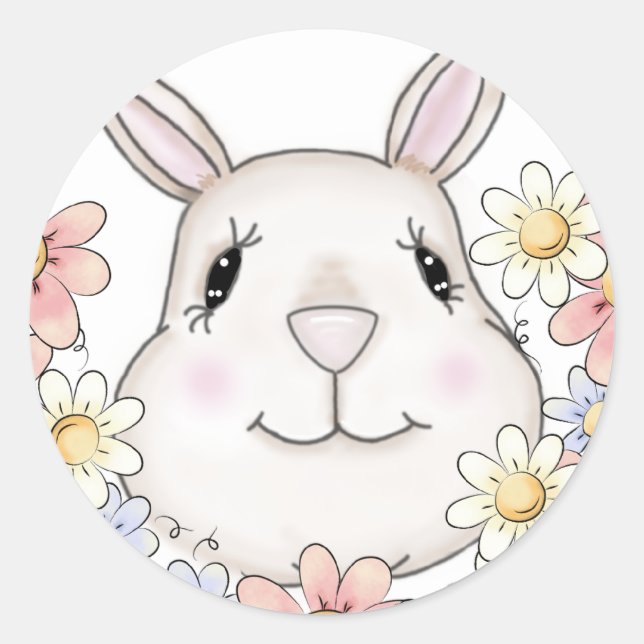 Cute Bunny Rabbit Flowers & Butterflies Classic Round Sticker (Front)