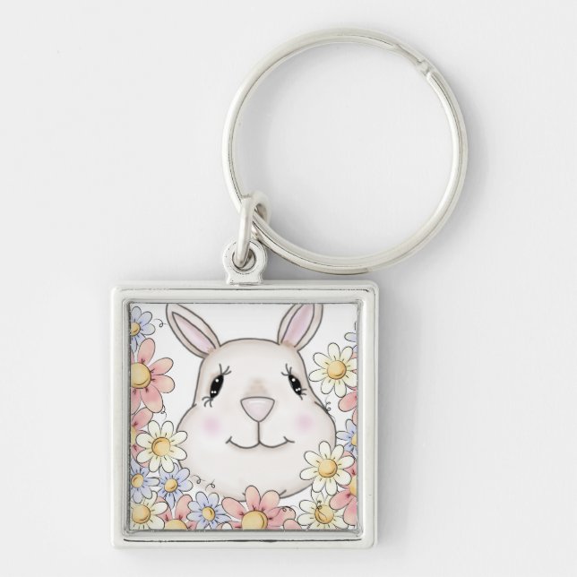 Cute Bunny Rabbit Flowers & Butterflies Key Ring (Front)