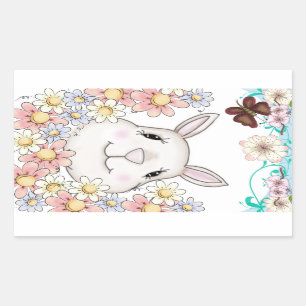 Cute Bunny Rabbit Flowers & Butterflies Rectangular Sticker