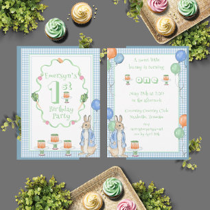 Cute Bunny Rabbit Green 1st Birthday Party Invitation