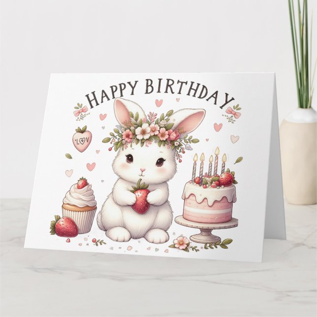 Cute Bunny Rabbit Happy Birthday Card (Front)