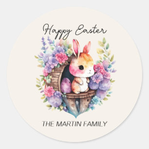Cute Bunny Rabbit Happy Easter Family Name Classic Round Sticker