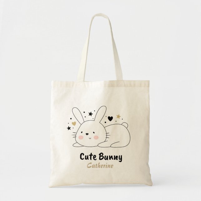Cute Bunny Rabbit Hearts Personalised Name Tote Bag (Front)