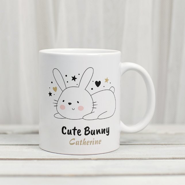 Cute Bunny Rabbit Hearts Personalized Name Coffee Mug (Creator Uploaded)