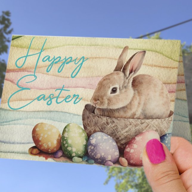 Cute Bunny Rabbit in a Basket Custom Holiday Card (Creator Uploaded)