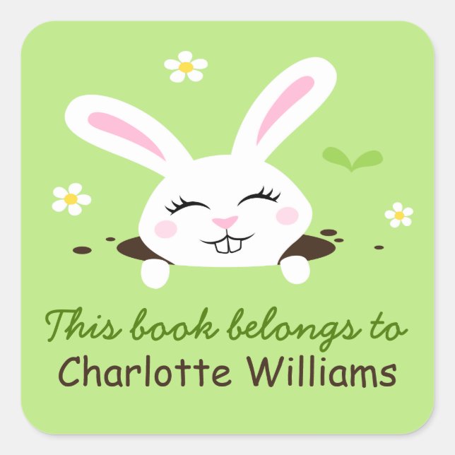 Cute bunny rabbit looking out bookplate book square sticker (Front)