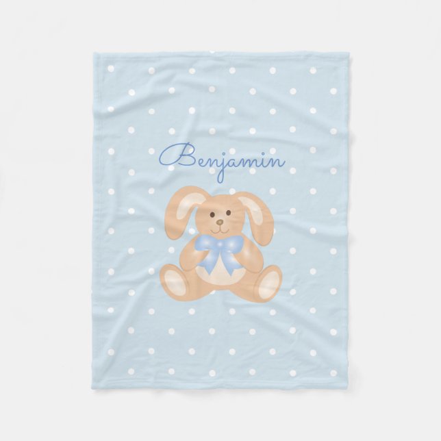 Cute Bunny Rabbit Pastel Blue Polka Dots Kids Fleece Blanket (Front)