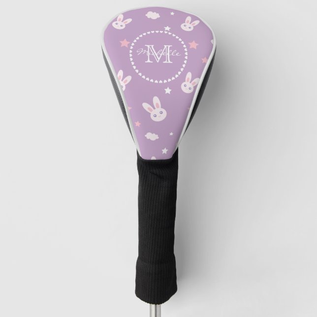 Cute Bunny Rabbit Pastel Pattern Name Monogram Golf Head Cover (Front)