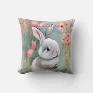 Cute Bunny Rabbit Pastel Watercolor Spring Flowers Cushion