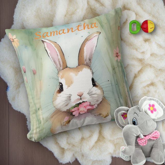 Cute Bunny Rabbit Pastel Watercolor Spring Flowers Cushion (Creator Uploaded)
