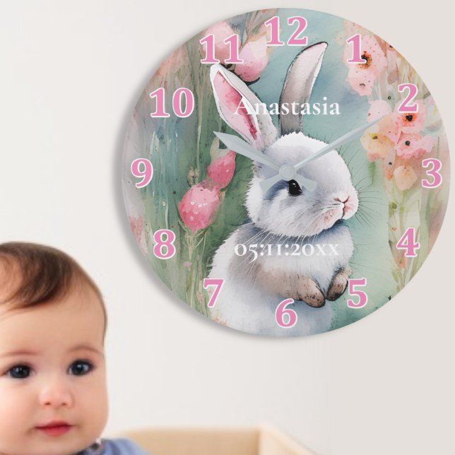 Cute Bunny Rabbit Pastel Watercolor Spring Flowers Large Clock (Creator Uploaded)