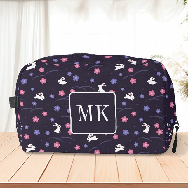 Cute Bunny Rabbit Pattern Monogram Initials Purple Dopp Kit (Creator Uploaded)