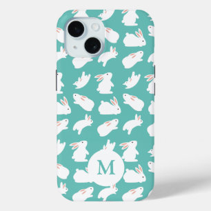 Cute Bunny Rabbit Pattern on Teal Monogram iPhone 15 Case