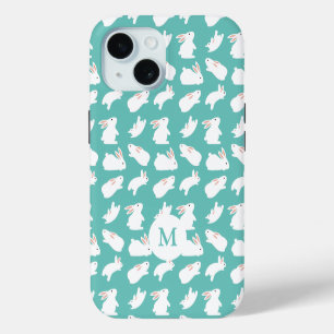 Cute Bunny Rabbit Pattern on Teal Monogram iPhone 15 Case
