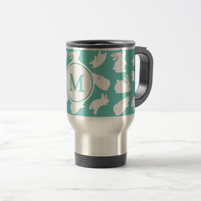 Cute Bunny Rabbit Pattern on Teal Monogram Travel Mug (Front Right)