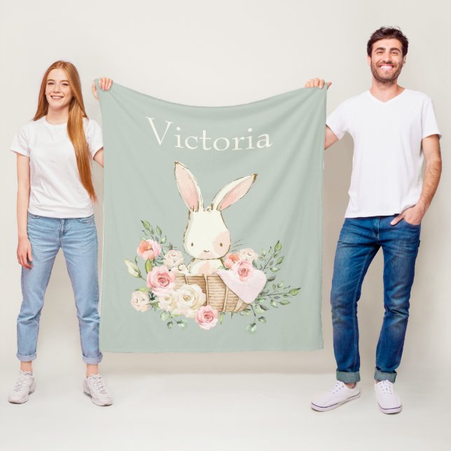 Cute Bunny Rabbit Personalised Modern Green Fleece Blanket (In Situ)