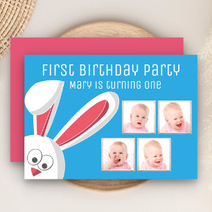 Cute Bunny Rabbit Photo Collage 1st Birthday Party Invitation