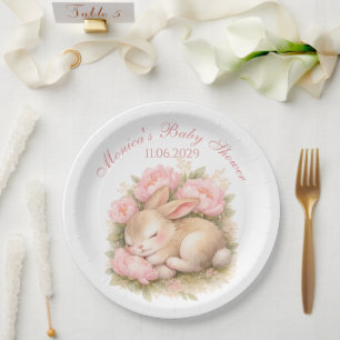 Cute Bunny Rabbit Pink Blush Peony Baby Shower Paper Plate