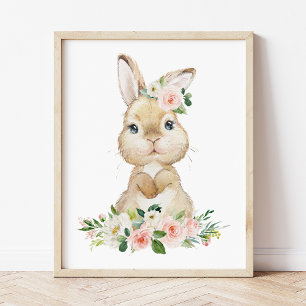 Cute Bunny, Rabbit, Pink Flowers, Girl Nursery Photo Print