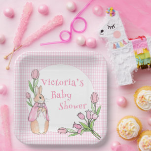 Cute Bunny Rabbit Pink Gingham Baby Shower Paper Plate