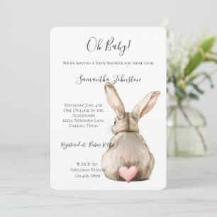 Cute Bunny Rabbit Pink Heart Tail Baby Shower Invitation