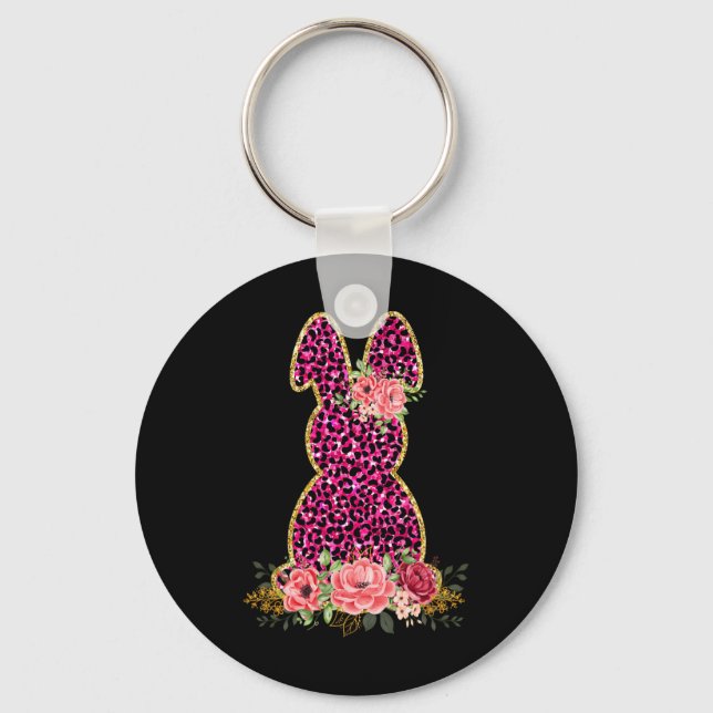 Cute Bunny Rabbit Pink Leopard Bunny Happy Easter  Key Ring (Front)