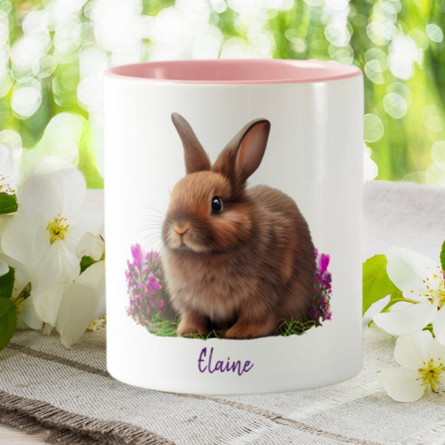 Cute Bunny Rabbit Purple Flowers Personalised Two-Tone Coffee Mug (Creator Uploaded)