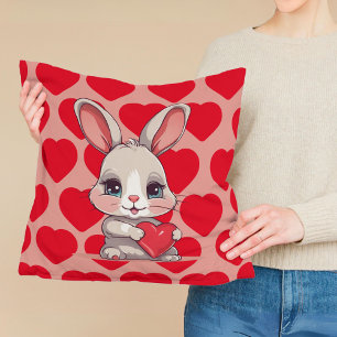 Cute Bunny Rabbit Red Hearts Valentine Love Cushion