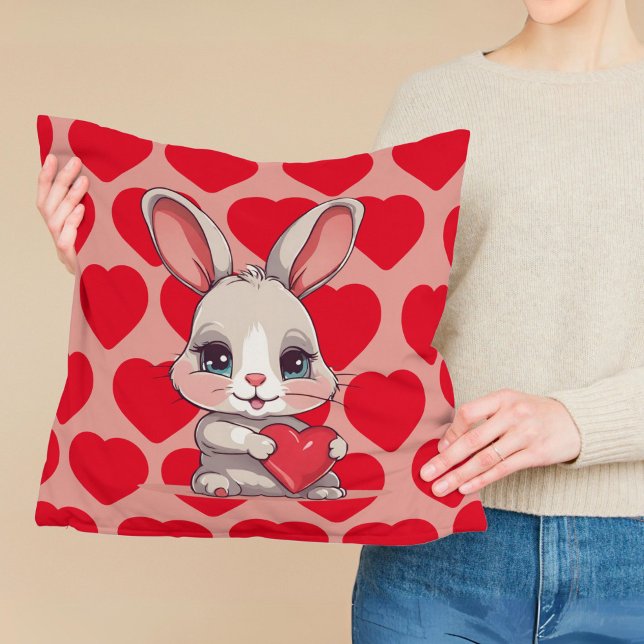 Cute Bunny Rabbit Red Hearts Valentine Love Cushion (Creator Uploaded)