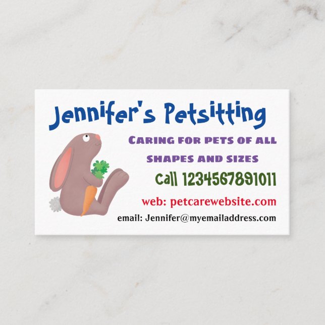 Cute bunny rabbit sitting with carrot cartoon business card (Front)