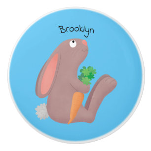 Cute bunny rabbit sitting with carrot cartoon ceramic knob