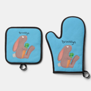 Cute bunny rabbit sitting with carrot cartoon oven mitt & pot holder set
